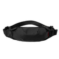 Black Oxford cloth crossbody waist pack for men showing front zipper and internal phone pocket.