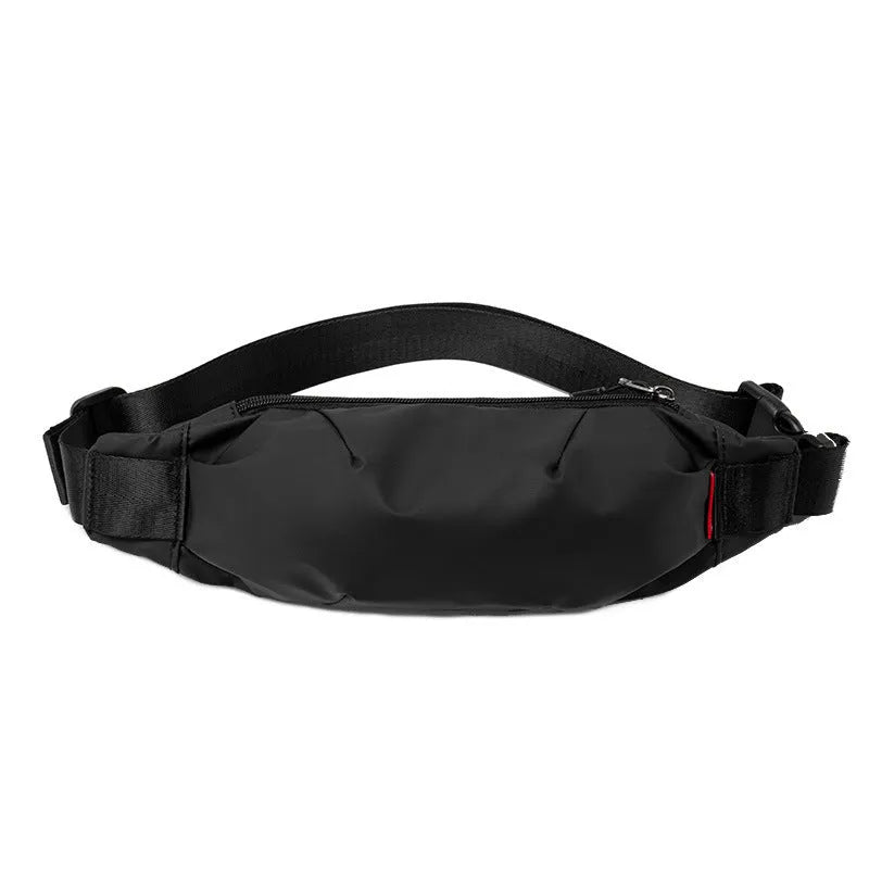 Black Oxford cloth crossbody waist pack for men showing front zipper and internal phone pocket.