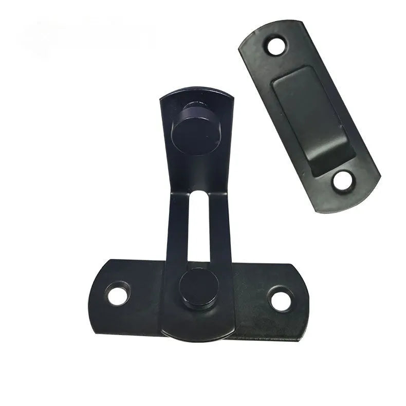 American-style 90-degree sliding door lock for barns, in black carbon steel or stainless steel finish.