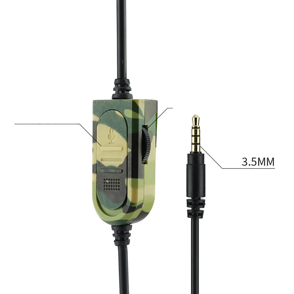 Army green camouflage wired over-ear gaming headset with a black cable and built-in microphone.