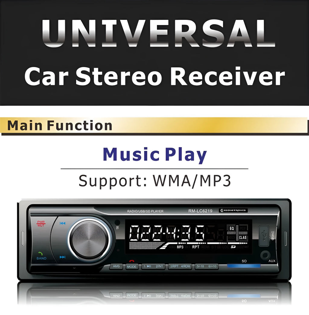 Car stereo receiver with Bluetooth, USB port, SD card slot and auxiliary input for vehicle audio