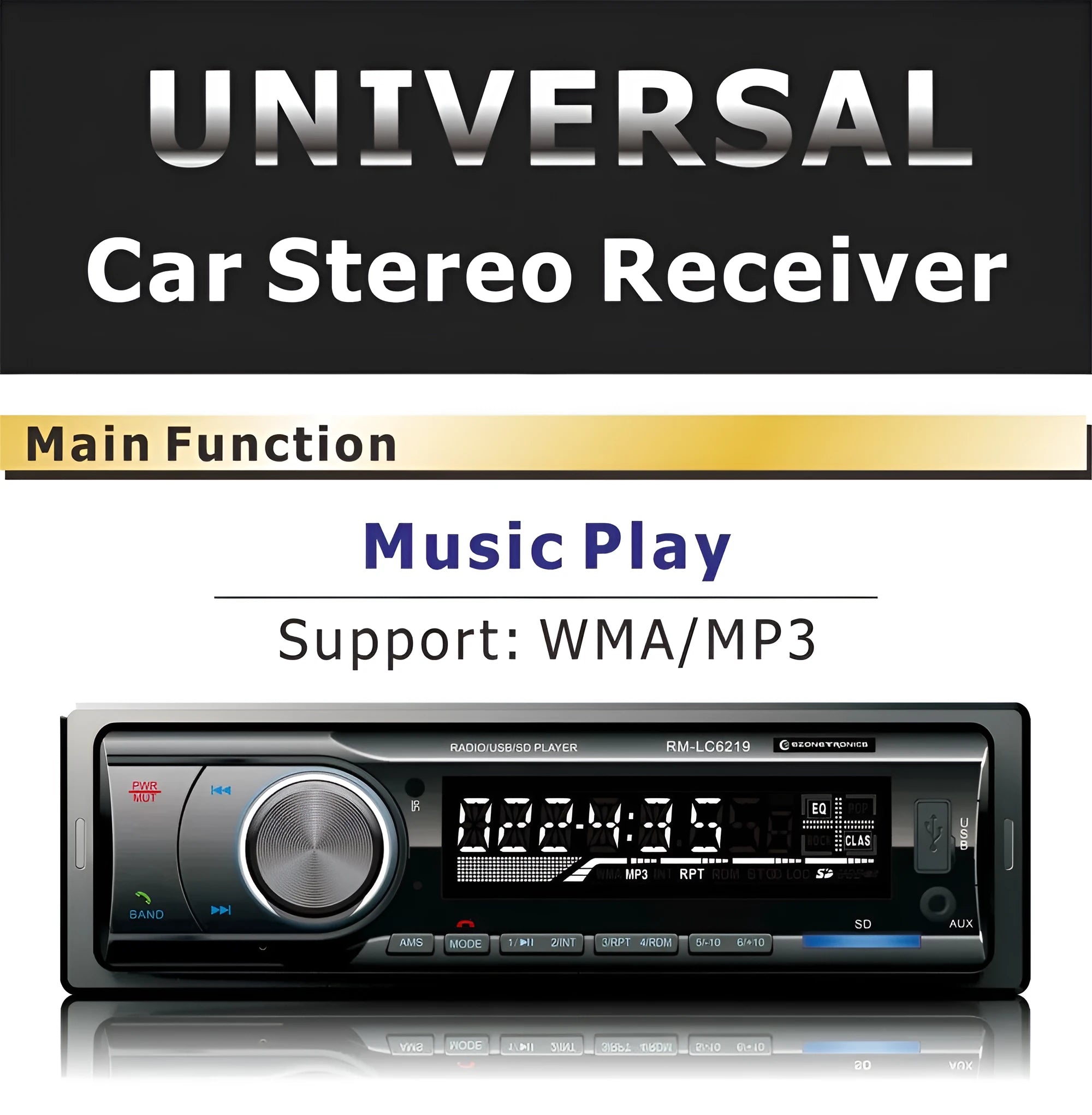 Car stereo receiver with Bluetooth, USB port, SD card slot and auxiliary input for vehicle audio