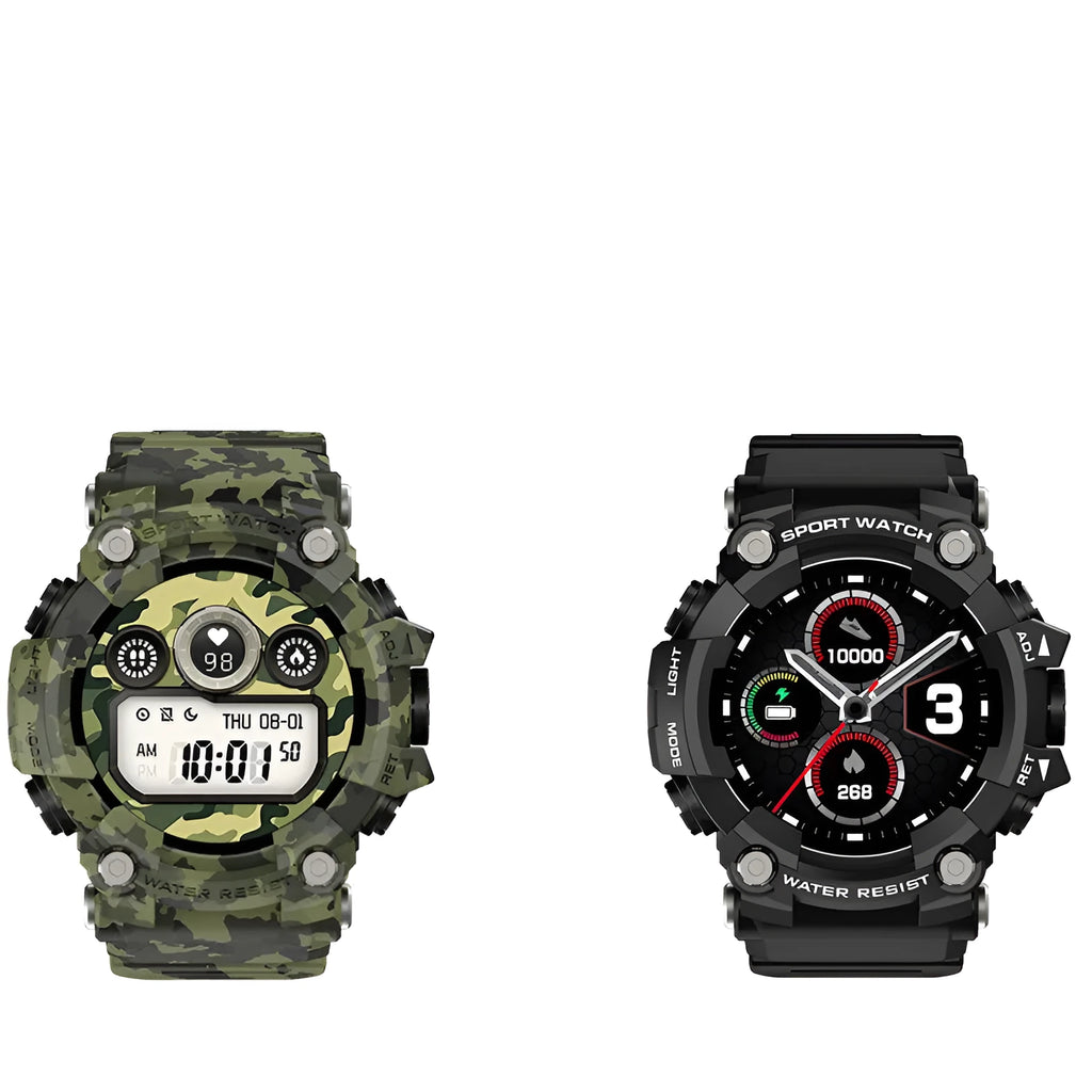 T6 Tactical Rugged Smart Watch with black or green anti-sweat strap on wrist, showing 1.3-inch screen.