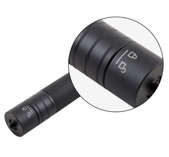 Retractable aluminium selfie stick extended to 1 metre with phone attached and Bluetooth remote in hand