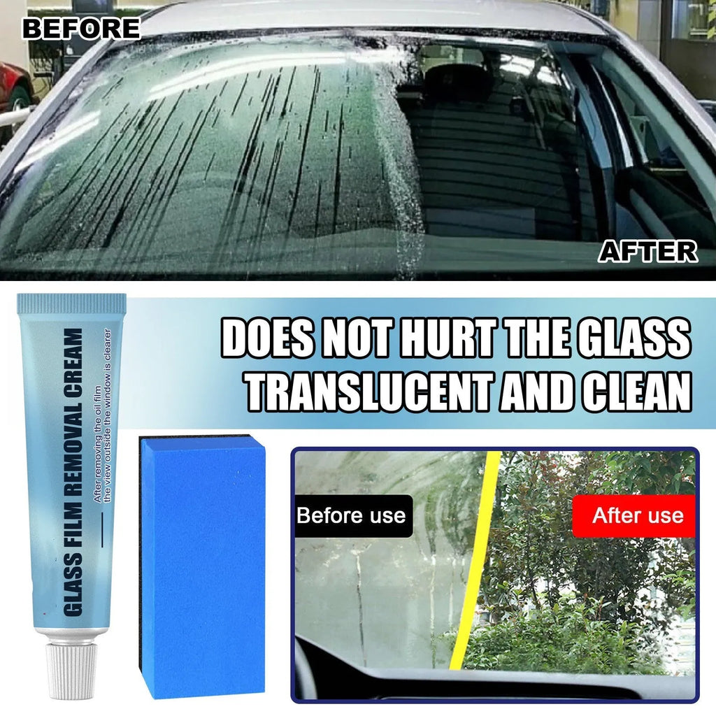 Blue car glass oil film remover stick and soft sponge brush for windshield cleaning.
