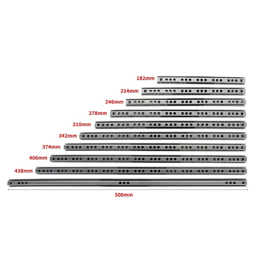 Ultra-narrow 17mm wide two-section drawer slide rails with ball bearings in various lengths