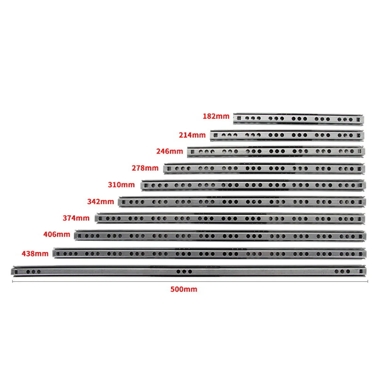 Ultra-narrow 17mm wide two-section drawer slide rails with ball bearings in various lengths