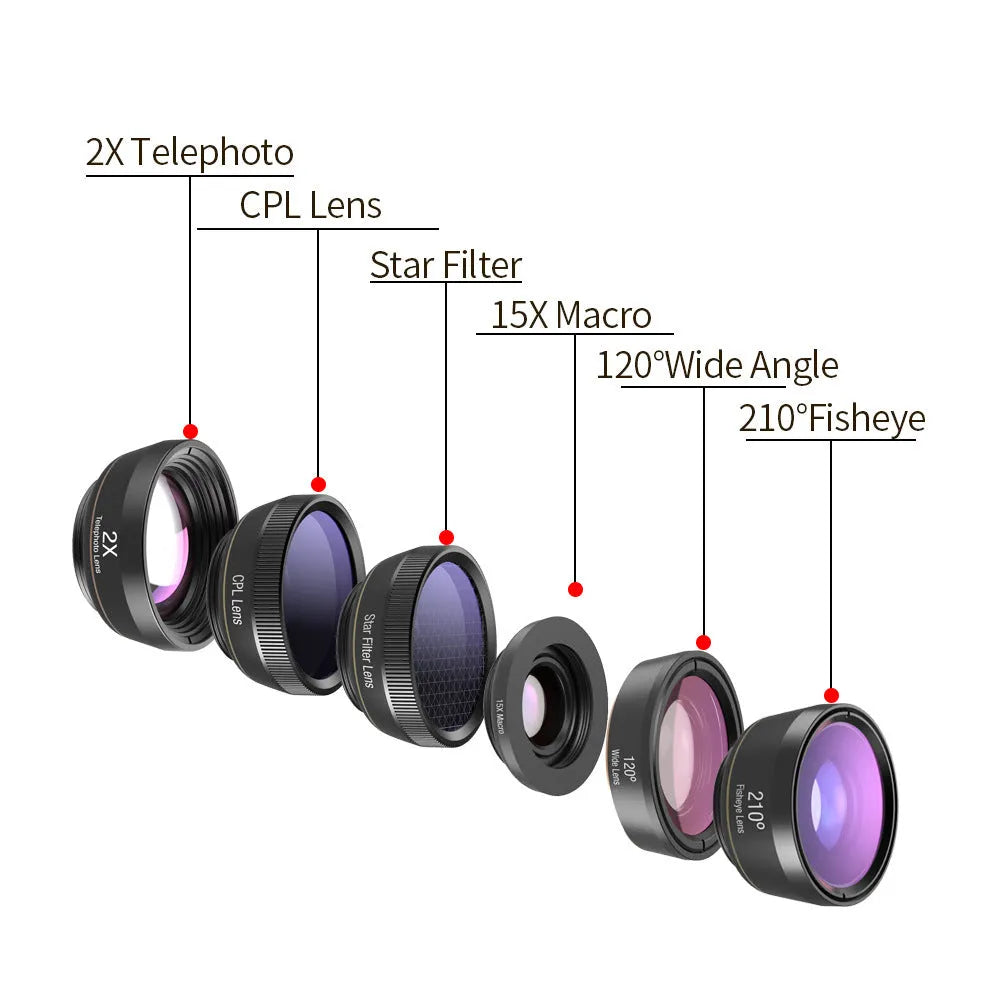 6-in-1 universal smartphone camera lens kit with aluminium housings and clip mount
