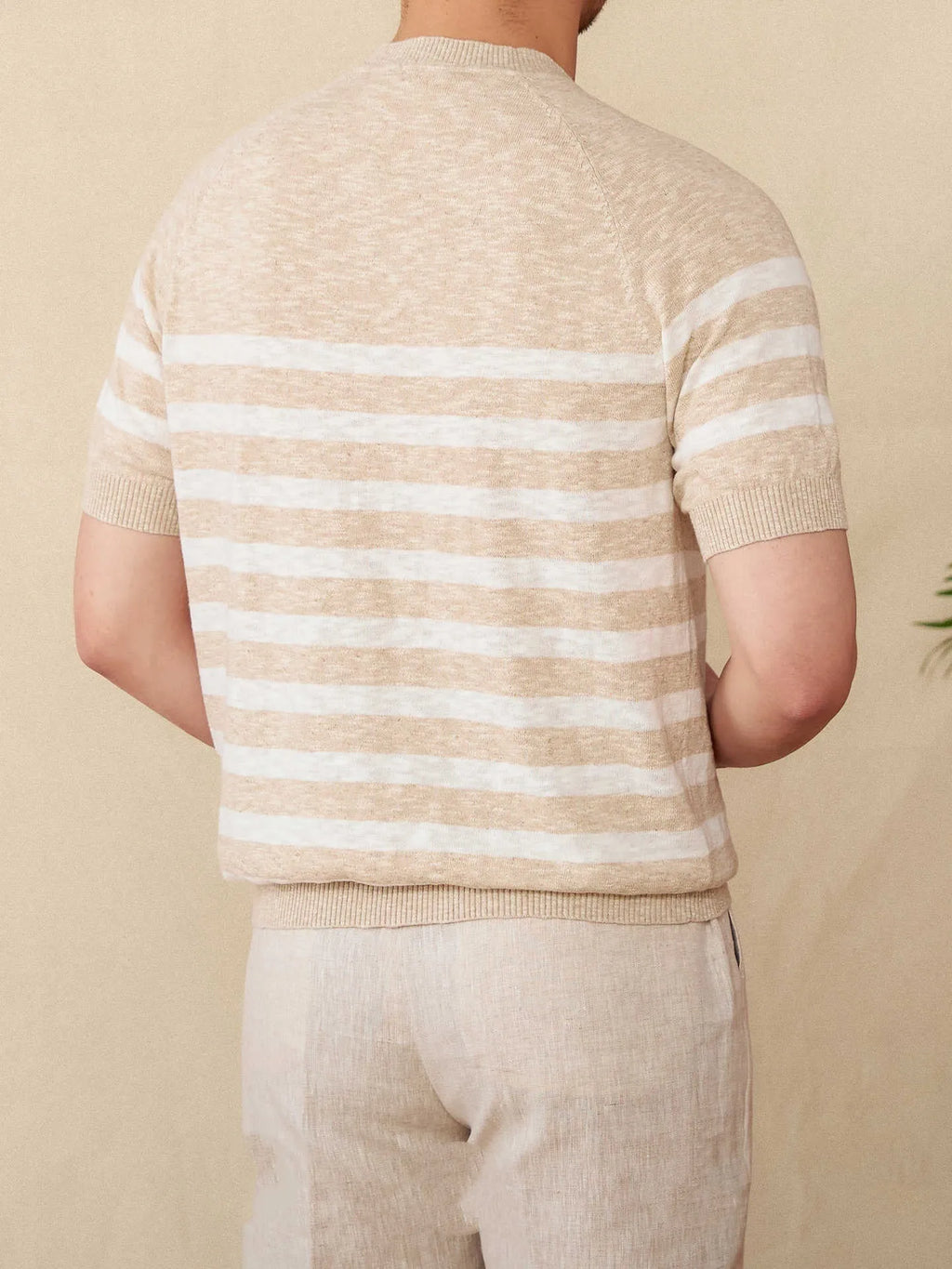 Linen cotton short sleeve t-shirt with stripe knit pattern in coffee colour