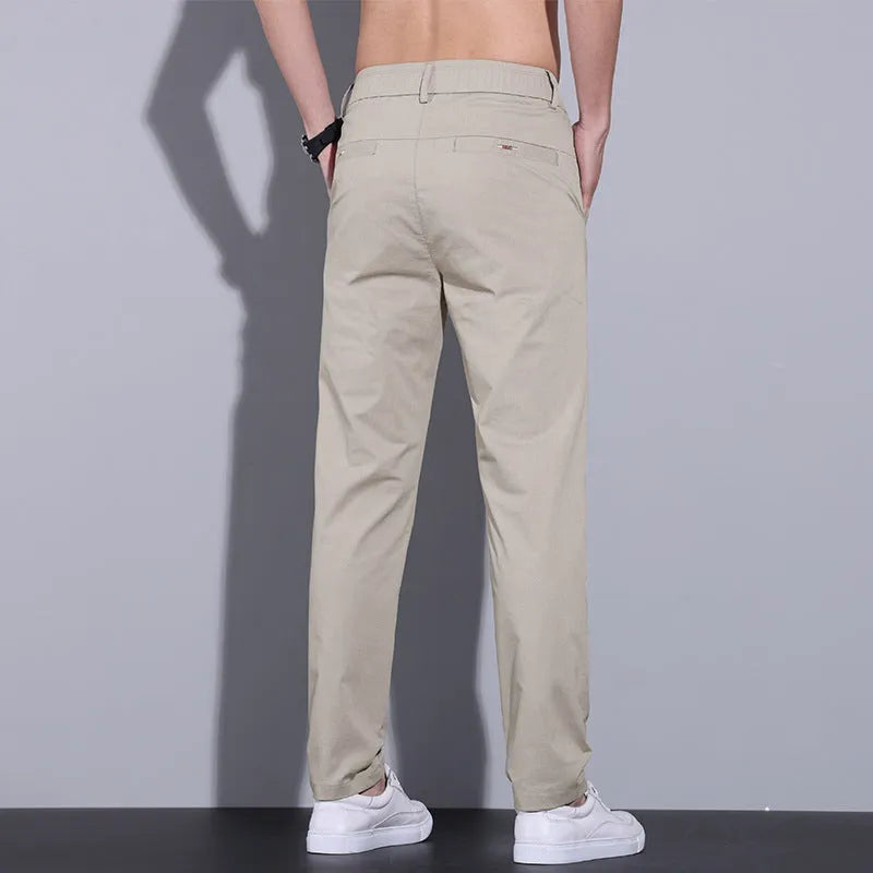 Men's straight slim fit cotton trousers in light khaki colour showing front and side views