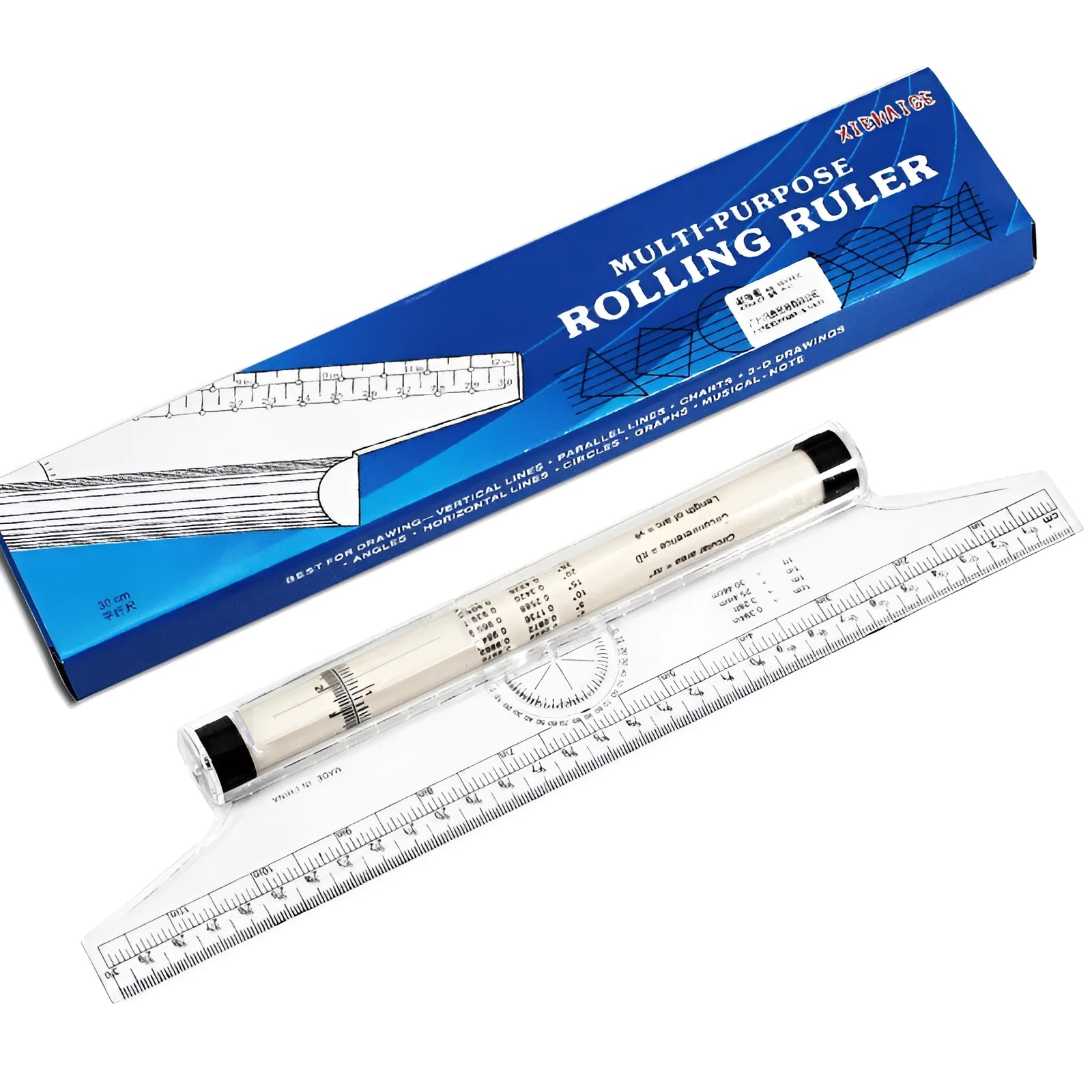 30cm plastic rolling ruler with multifunctional drawing features including rollers, angle rapporteur, and hole line guide