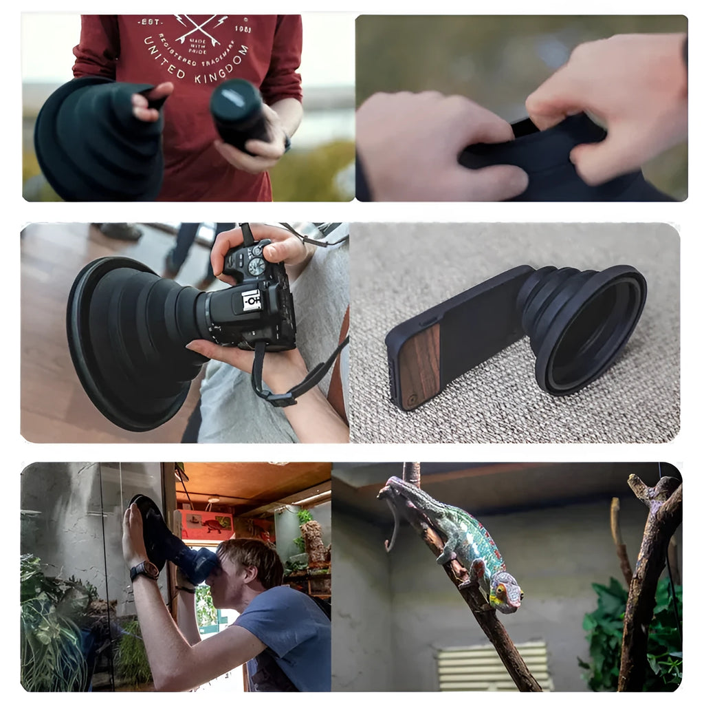 Black conical silicone lens hood for cameras, shown next to a lens to reduce window glare.