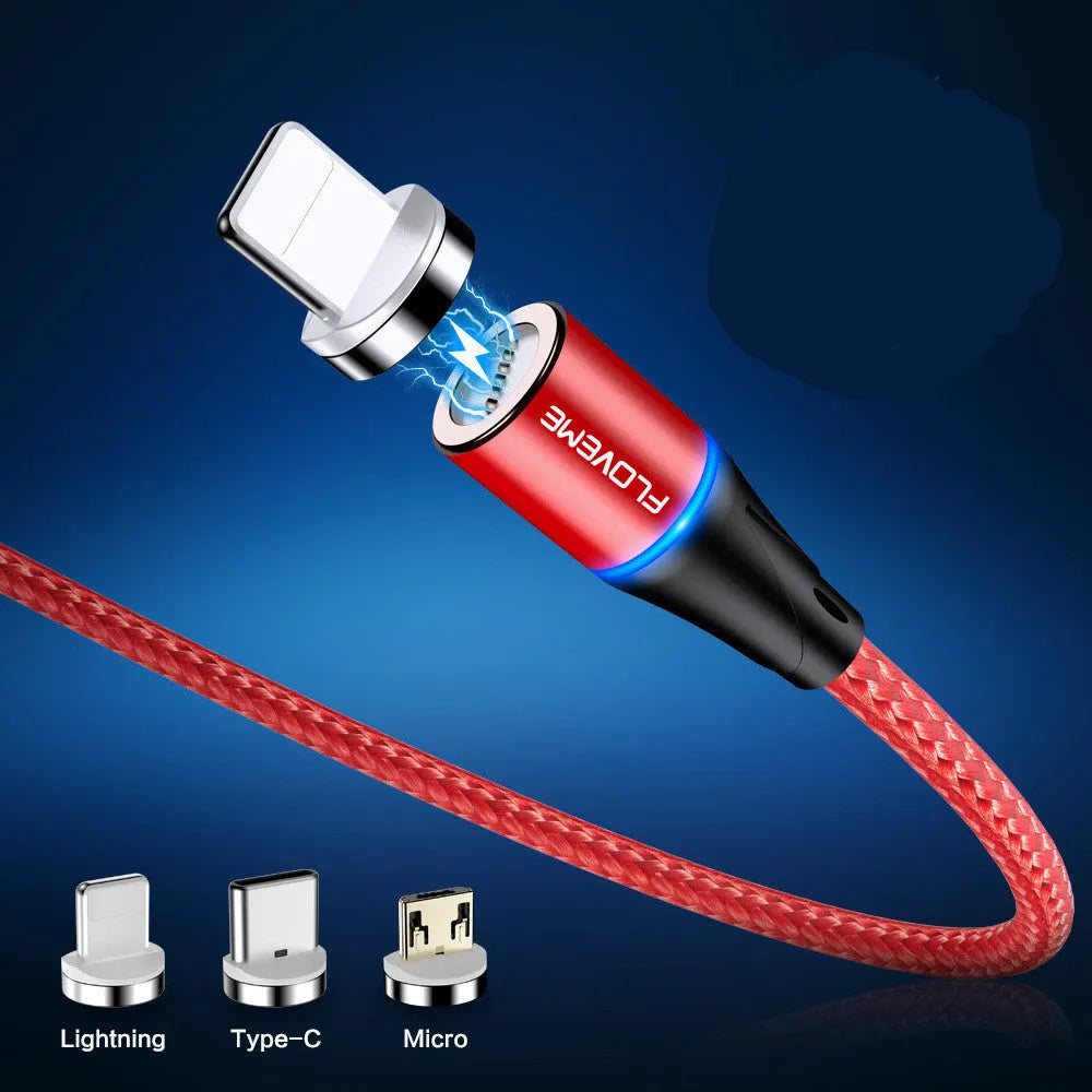 Magnetic data cable with LED side lights in black, red, or silver colour, compatible with Apple iPhone, Android, and Type-C devices