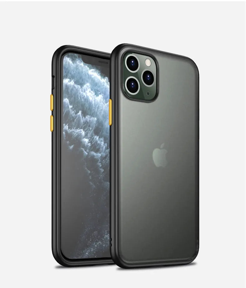 Frosted TPU phone case with scratch-resistant PC back in black, green, purple, and red colours