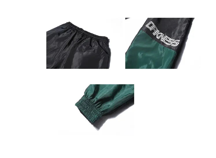 Japanese hip hop trousers with hit colour stitching, letter print, and bouquet foot detail in green low-waist drawstring style