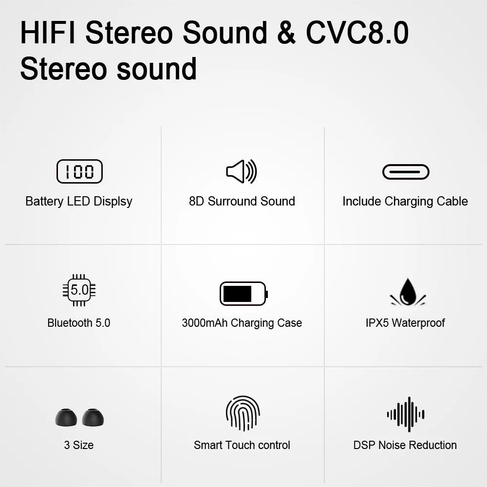 Black TWS Bluetooth headset with earplug design showing wireless earbuds