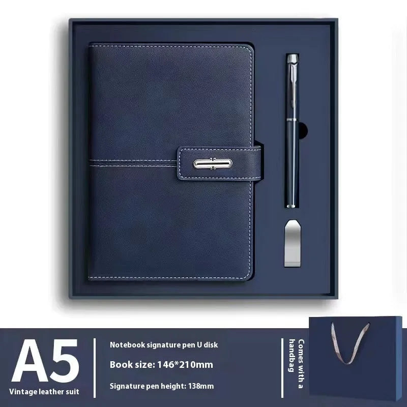 A5 size notebook with PU leather cover in various colours, showing wood-free paper inside.