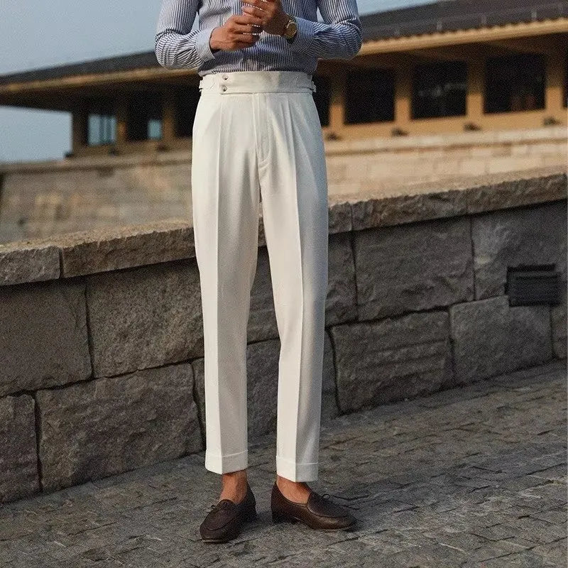 Men's slim fit straight leg suit trousers in apricot, black or white colours.
