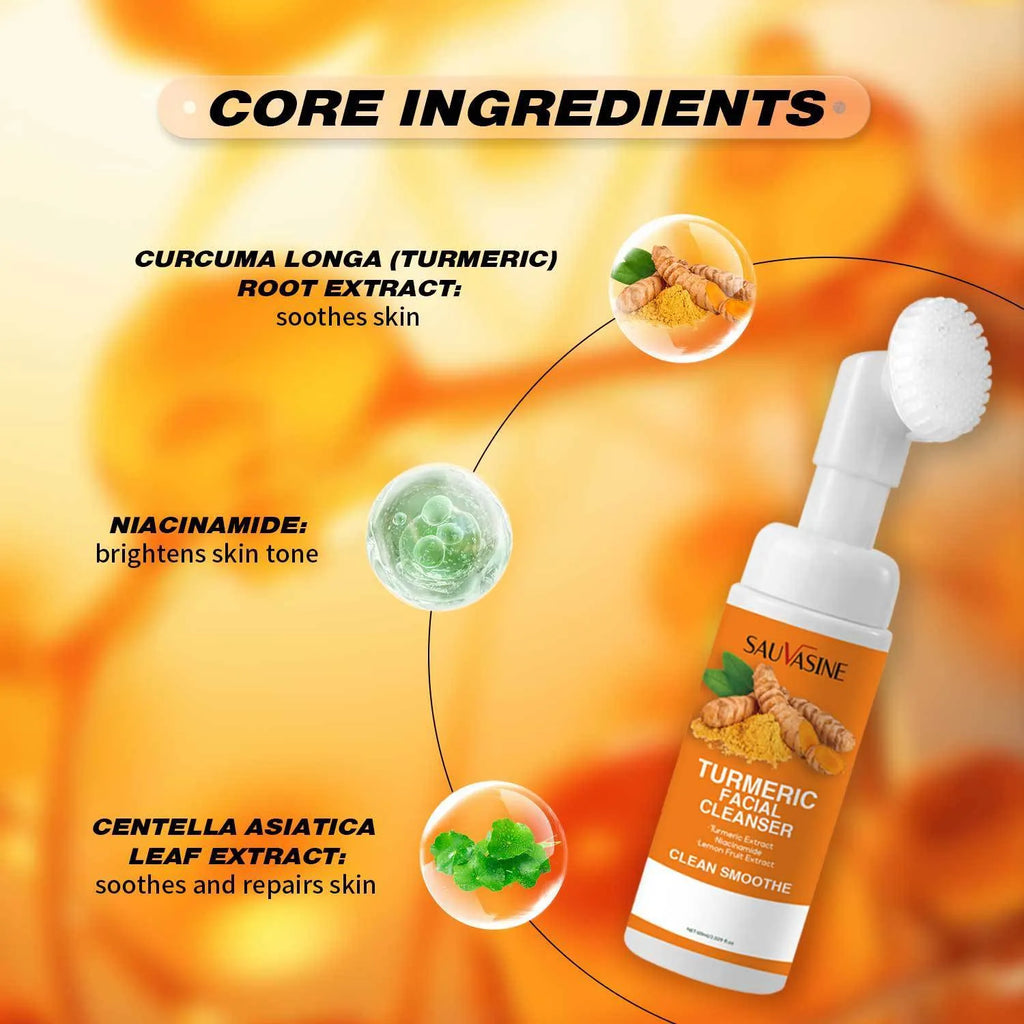 Turmeric facial cleanser 60ml bottle with yellow label and cap on white background