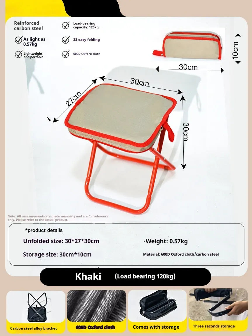 Lightweight foldable outdoor camp stool in khaki colour, shown in folded and unfolded positions.