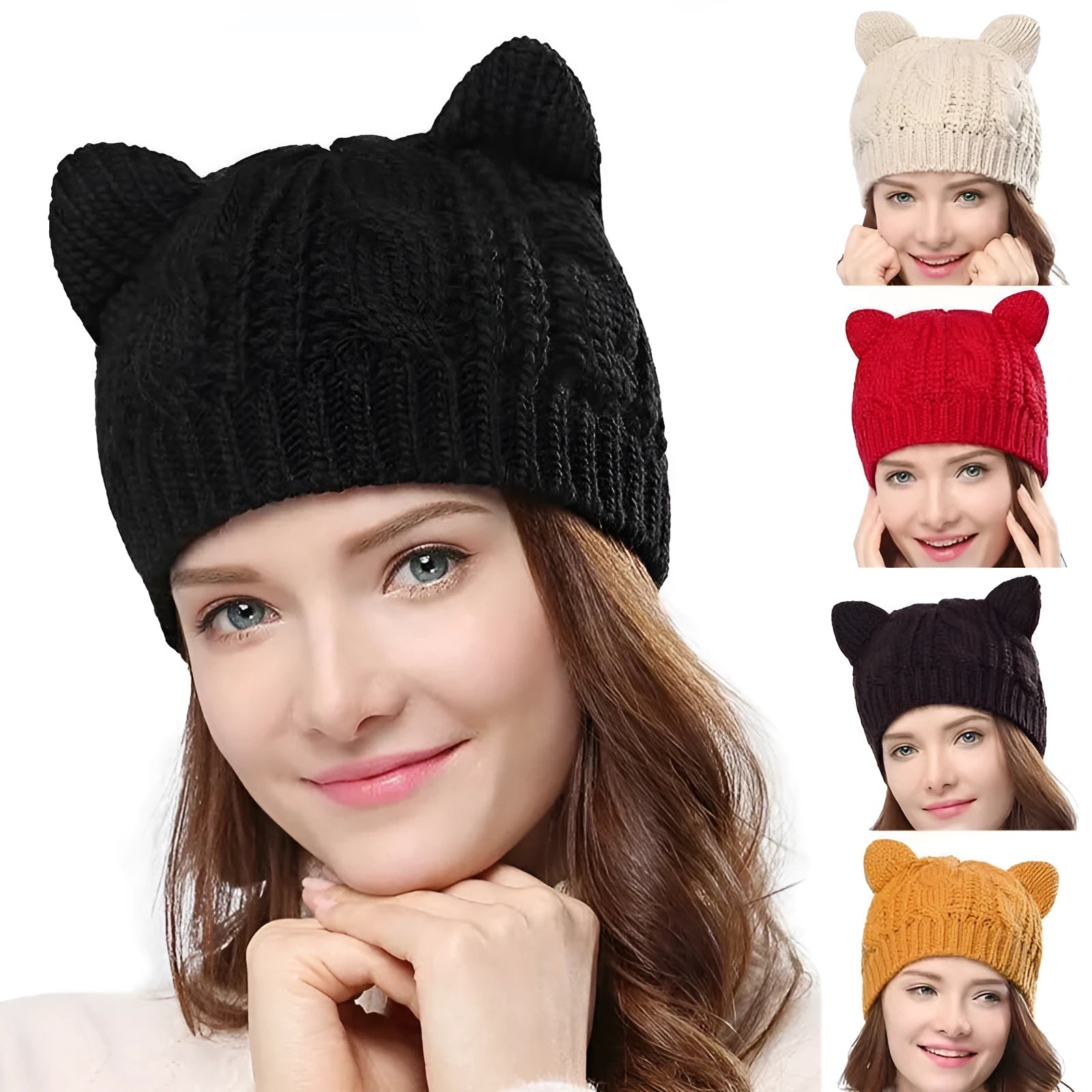 Hand made knitted beanie with 3D cat ears in red wool