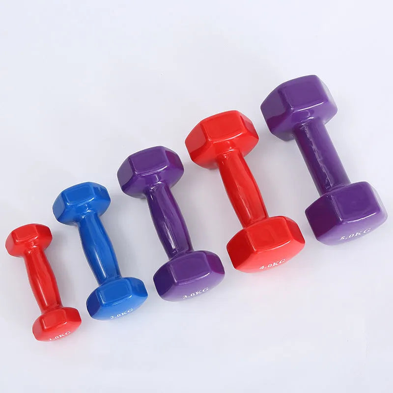 Bright coloured plastic fitness dumbbells with glossy surface in various weights for home workouts