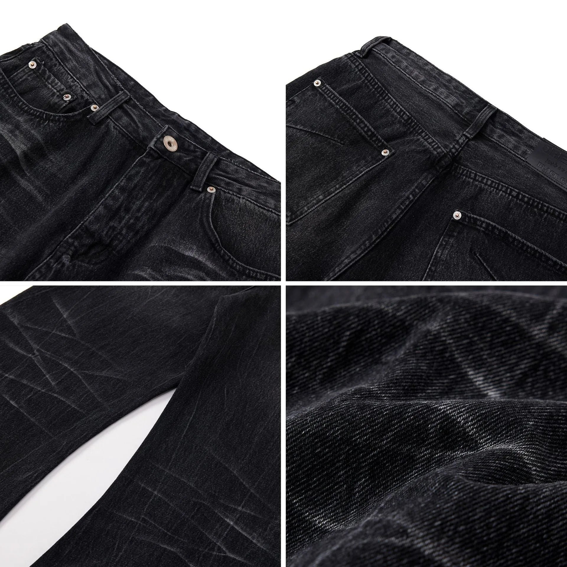 Black men's straight-leg jeans showing a cracked, washed denim finish on a plain background.