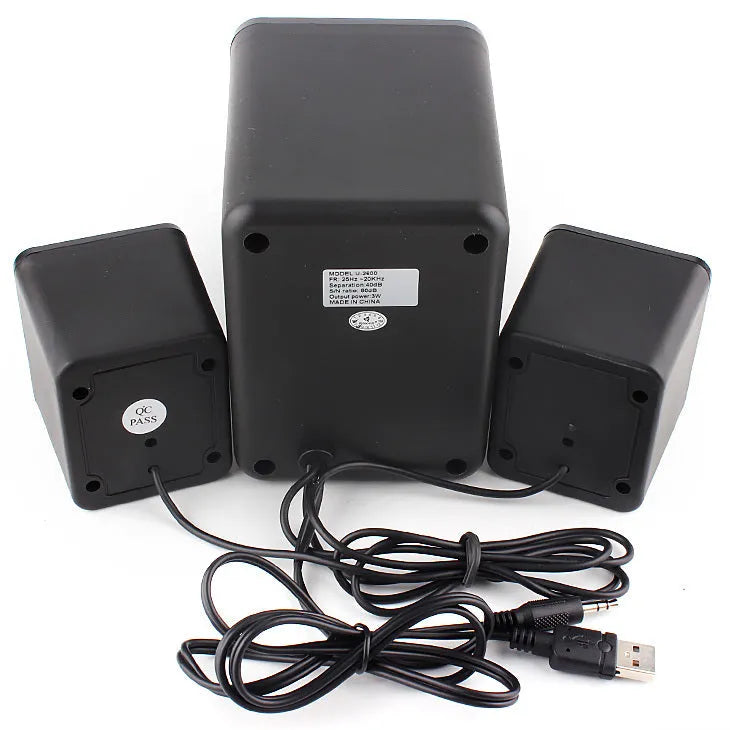 Green 2.1 USB computer speaker with colourful LED lights showing USB and 3.5mm audio ports