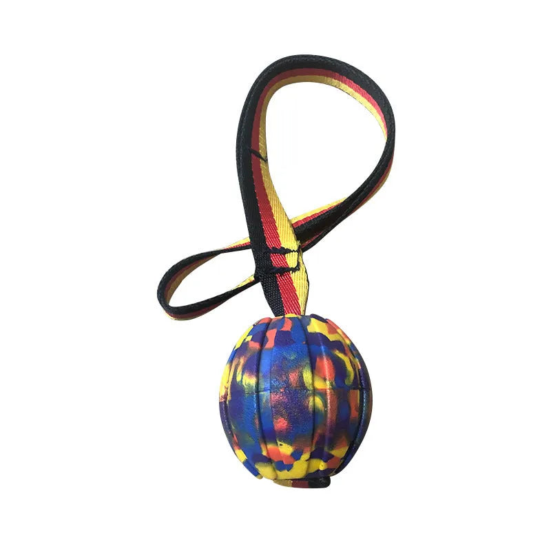 EVA floating knot ball for dog water training in camouflage and yellow colours with tether attachment