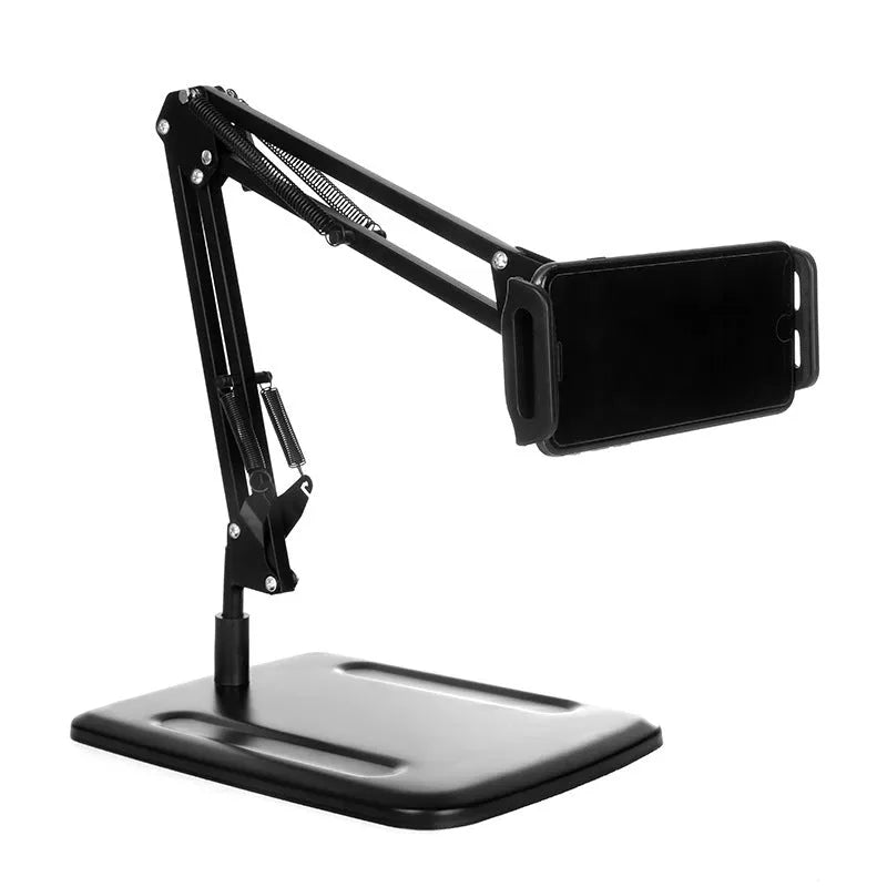 Black universal phone stand with long rotating arms holding tablet on metal base