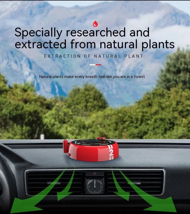 Solar-powered round car aromatherapy decoration with LED lights in black, red, and white colour options