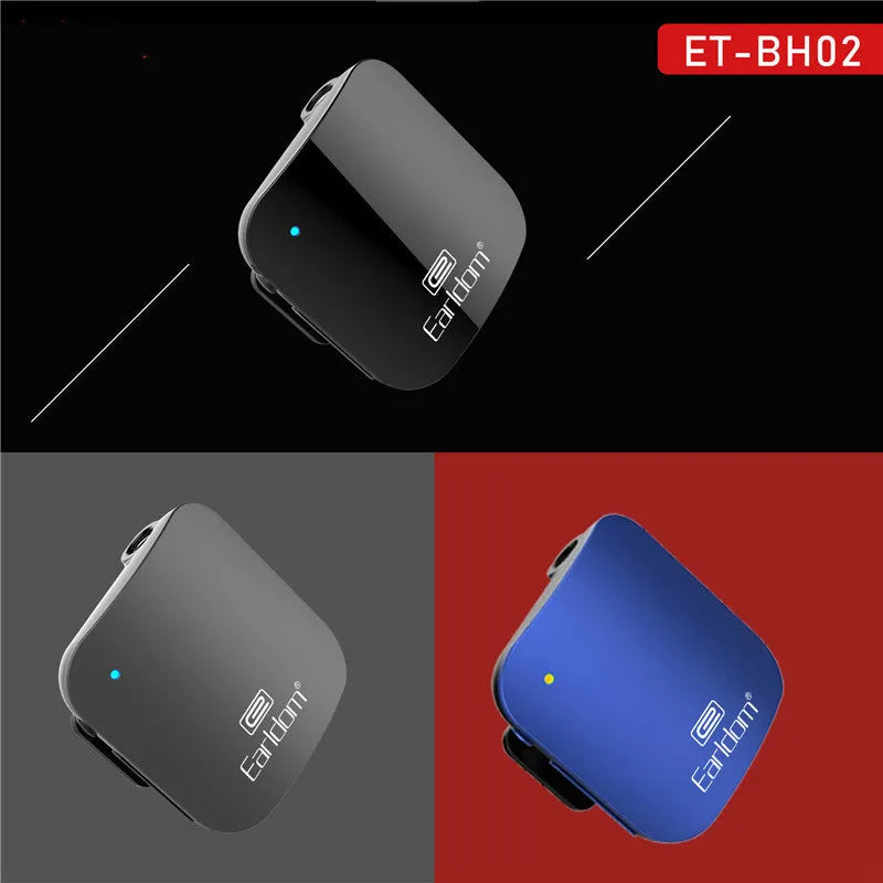 Black Bluetooth lavalier headset audio receiver unit with a 3.5mm headphone jack.
