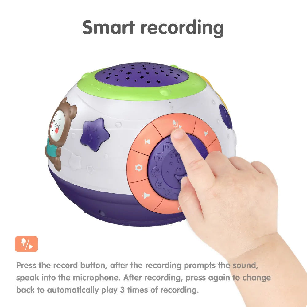 White starry sky night light projector for children on a table, showing colourful light projection.