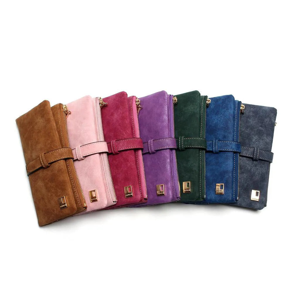 Long vertical matte PU leather wallet in army green with a zip, shown open to reveal card slots and internal pockets.