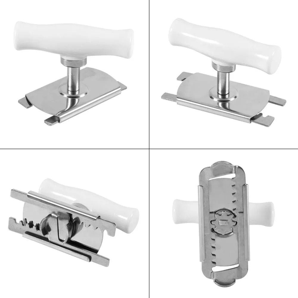 White adjustable stainless steel bottle opener with PP handle showing gear mechanism