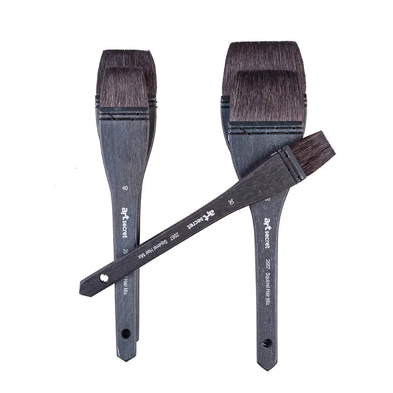 Set of five grey squirrel hair artist paintbrushes with natural wood handles, showing different sizes.