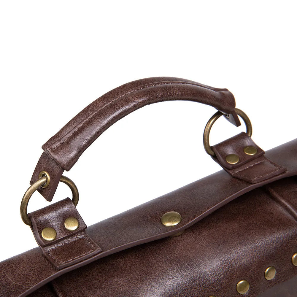Bronze steampunk shoulder bag with textured PU, metal hardware, and square pillow shape.