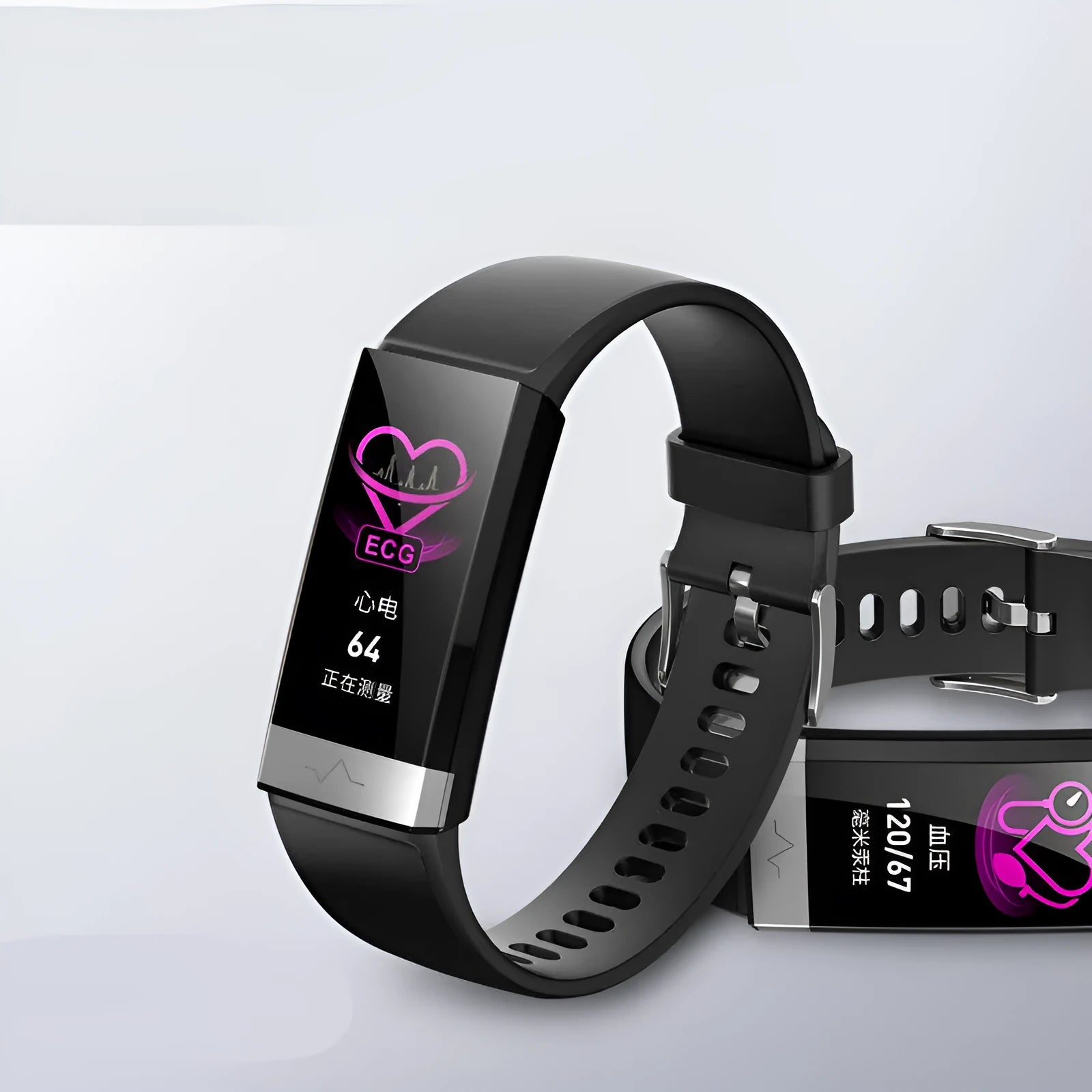 V19 smart fitness bracelet with ECG SpO2 monitoring display showing health metrics