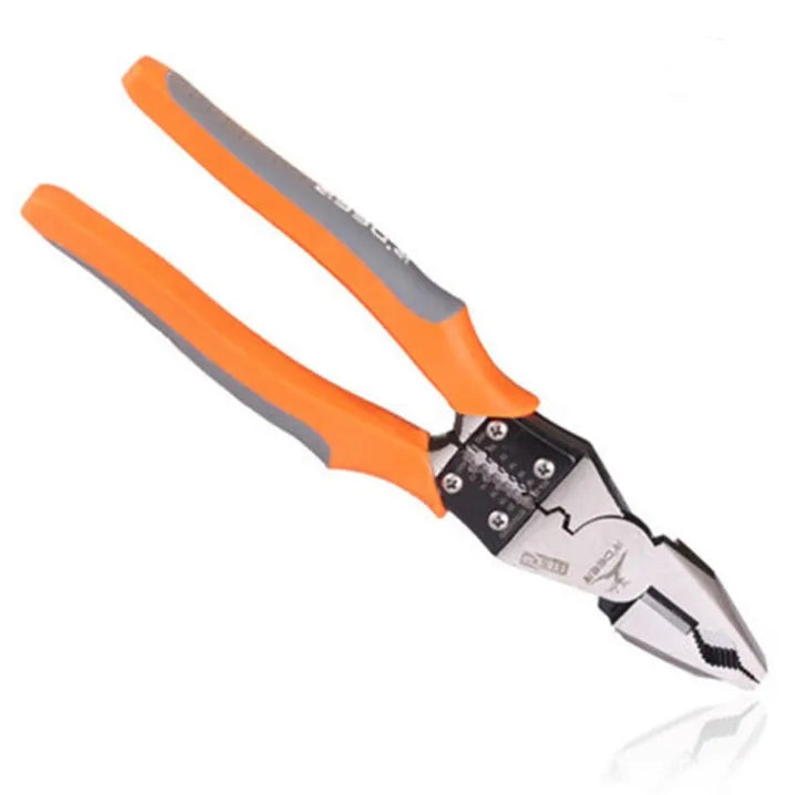 Orange multi-function wire cutter pliers with PVC handles and alloy steel jaws.