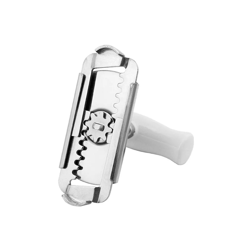 White adjustable stainless steel bottle opener with PP handle showing gear mechanism