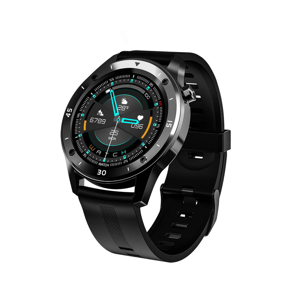 F22 black smartwatch with zinc alloy case and TPU strap displaying fitness stats on 1.54-inch screen