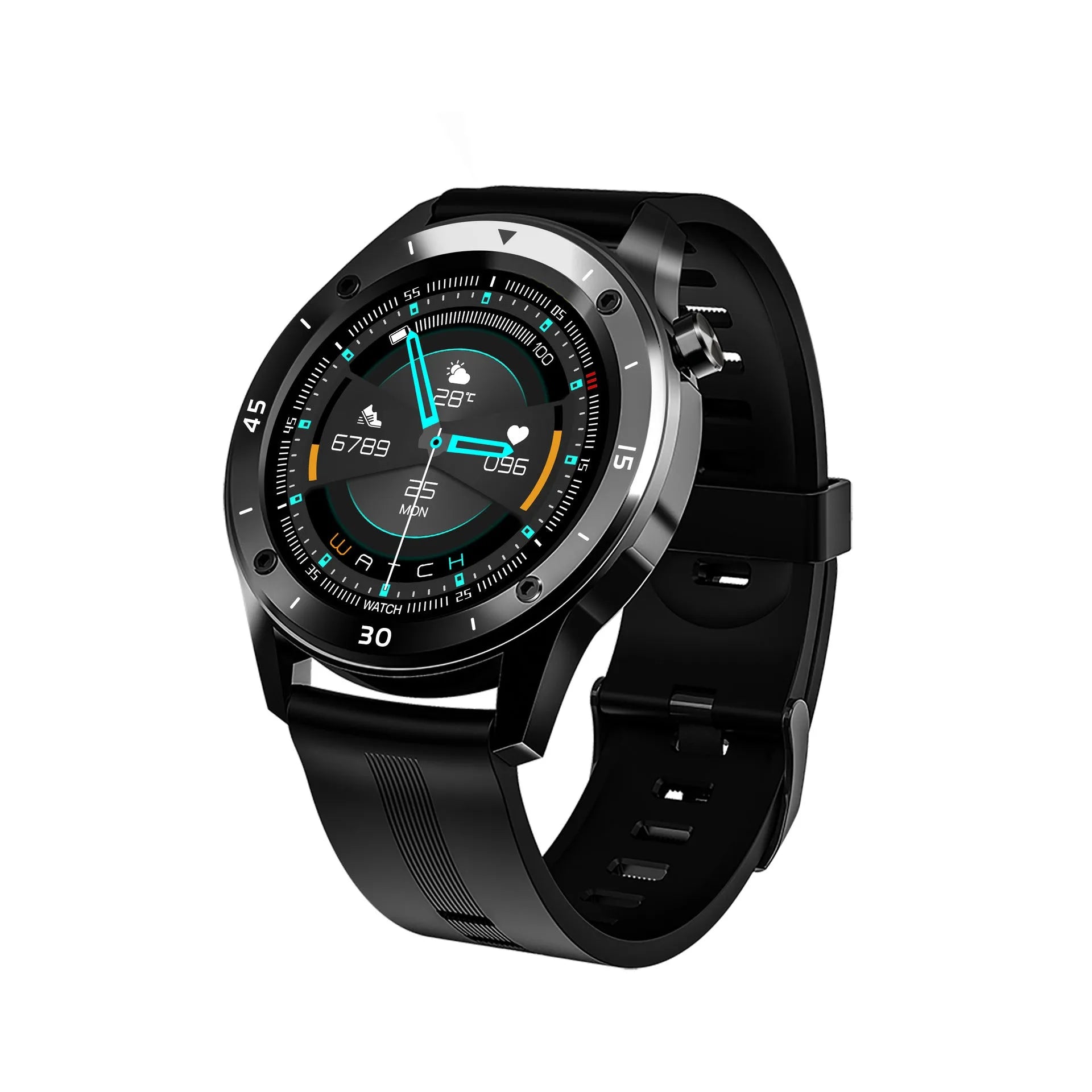 F22 black smartwatch with zinc alloy case and TPU strap displaying fitness stats on 1.54-inch screen