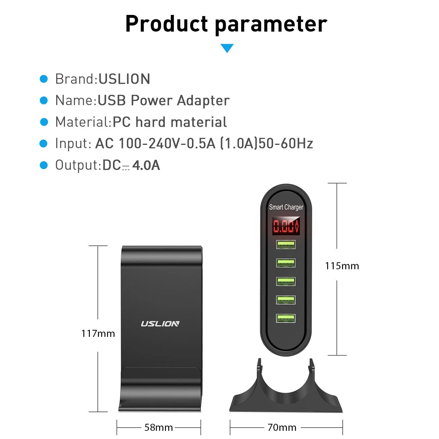 Smart LED digital display USB wall charger in black or white with selectable EU, UK, or US plug styles.