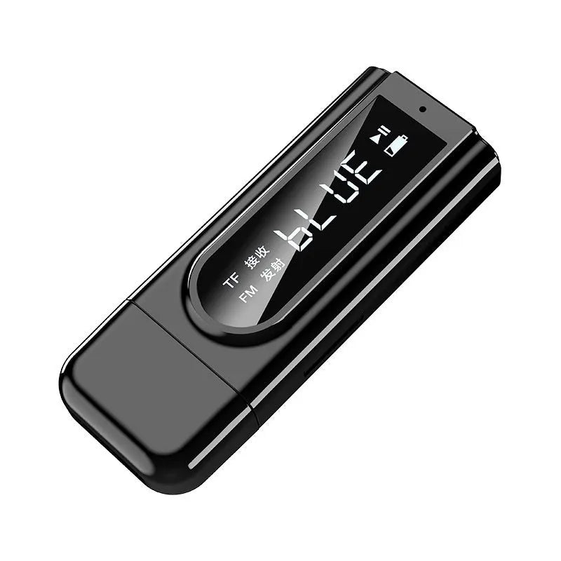 Black USB car FM Bluetooth receiver for MP3 playback with USB and AUX ports.