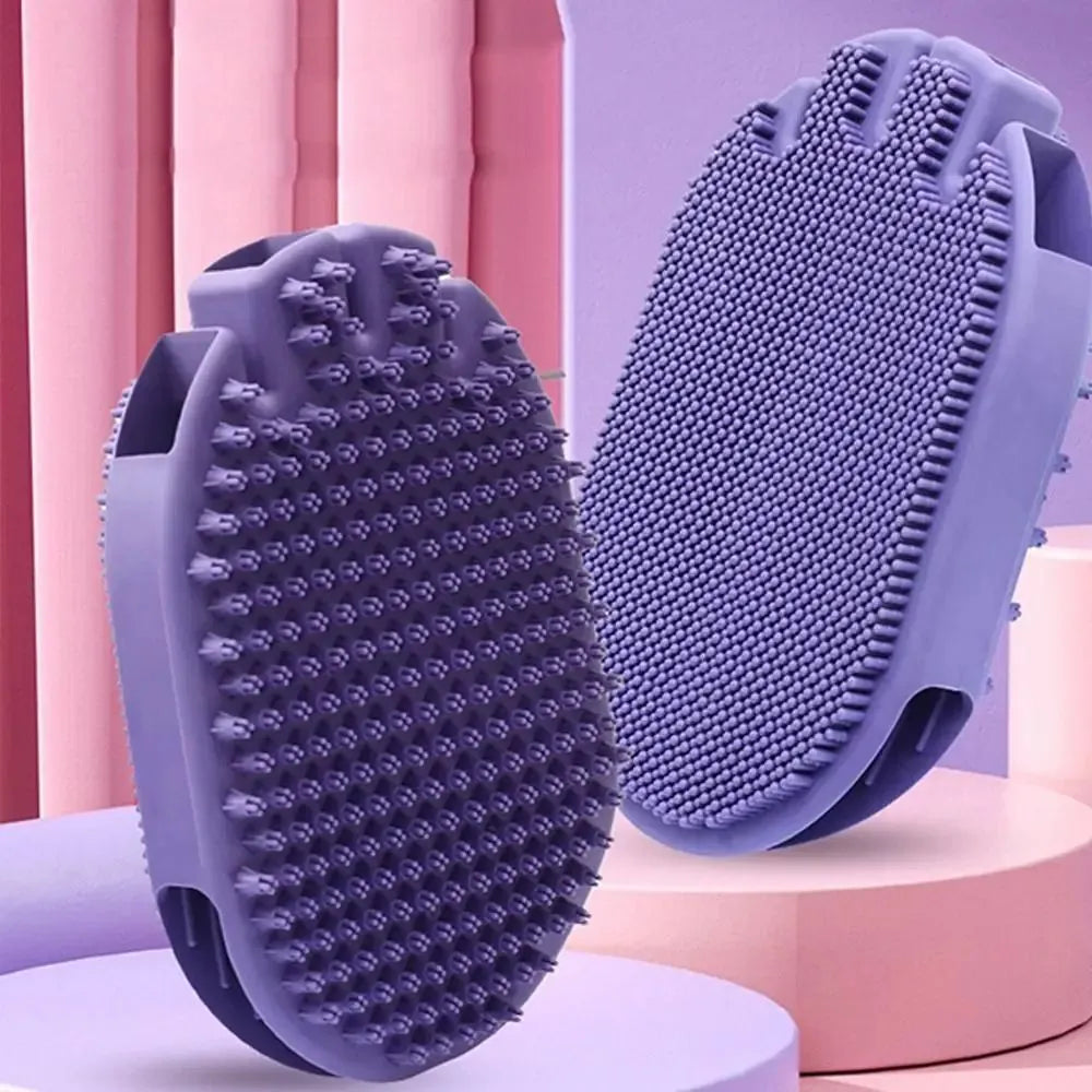 Purple pet shampoo brush with silicone bristles for dog and cat grooming during bathing