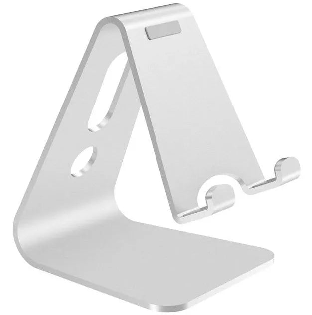 Aluminium universal phone and tablet stand in black, red, rose gold, and silver colour options.