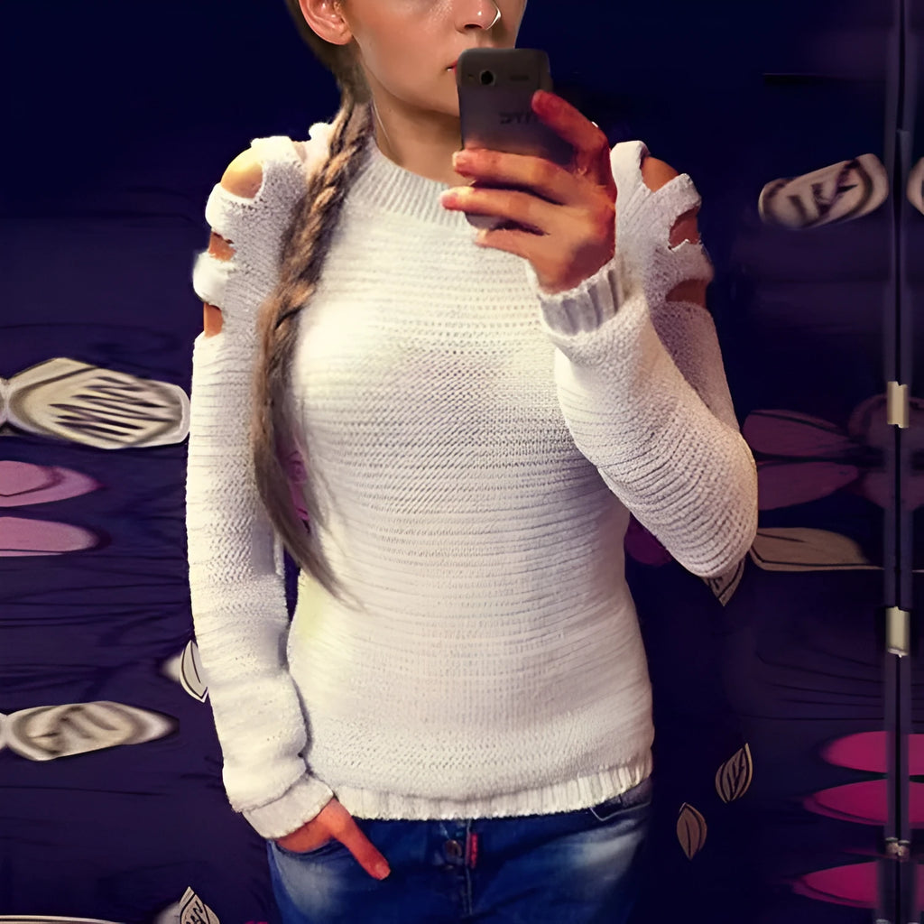 Women's solid grey knitted long sleeve pullover shirt with crocheted hollow-out texture detail.
