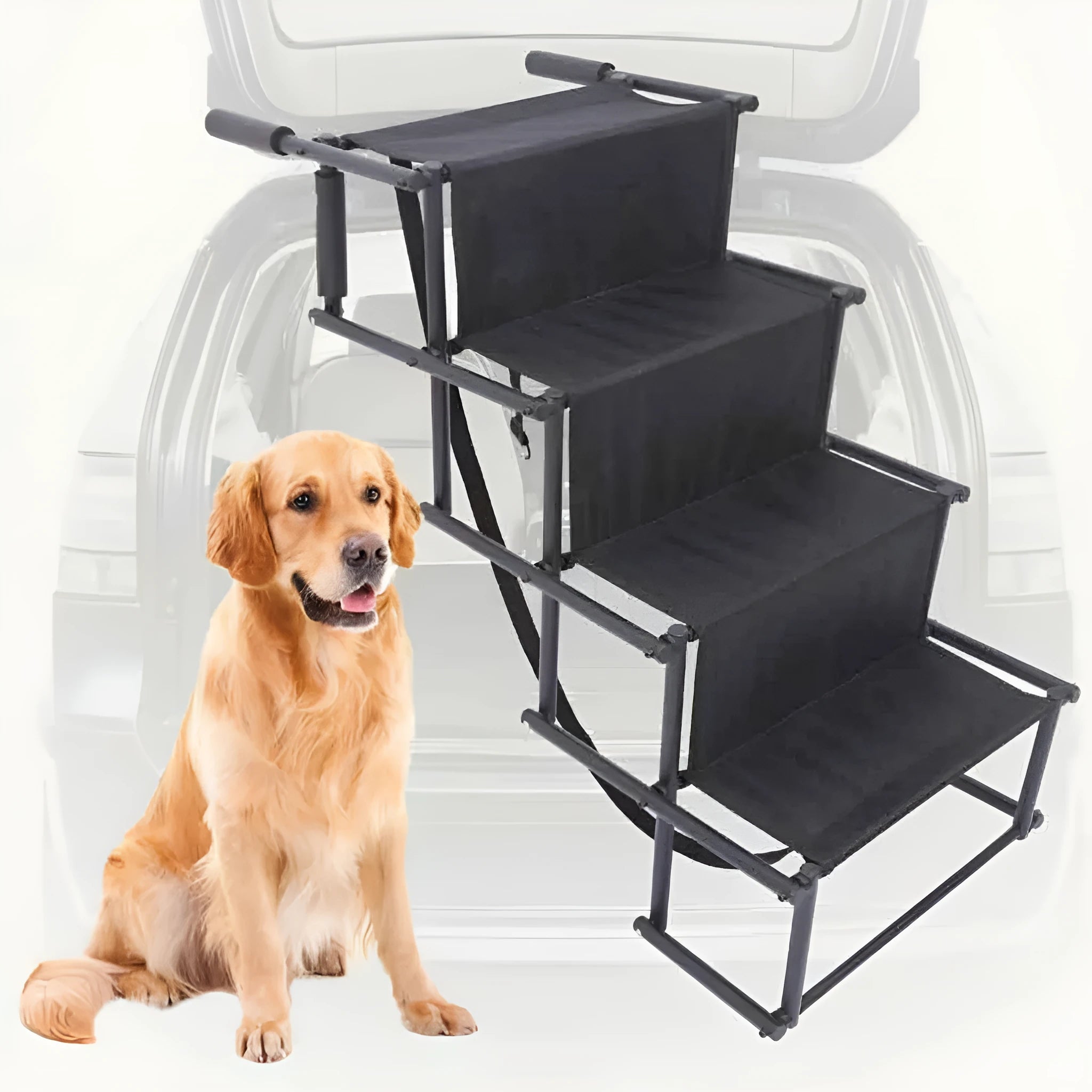 Stainless steel folding dog ladder in navy blue, unfolded showing four steps.