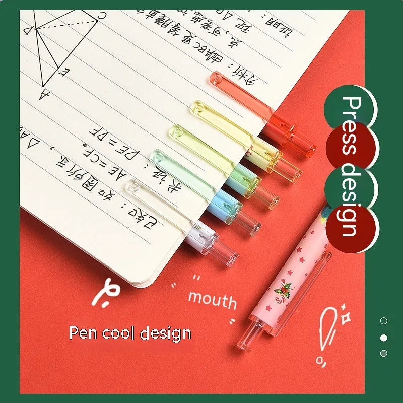 Set of six colourful cartoon-design press gel pens with black refills on a white background.