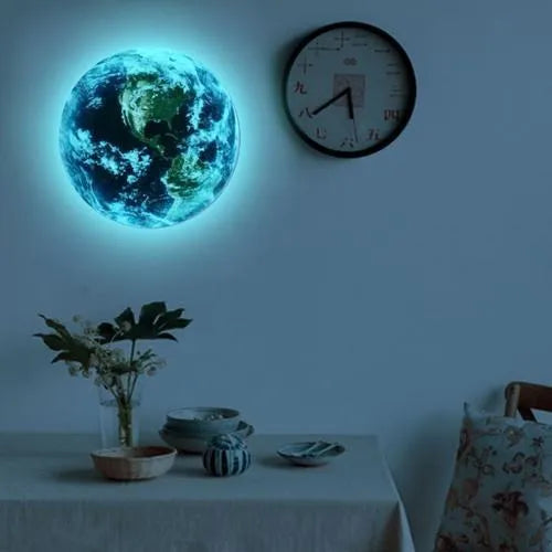 Glow in the dark 3D Earth wall sticker showing luminous planet design in available sizes